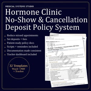 May include: A dark blue graphic with the text "Hormone Clinic No-Show & Cancellation Deposit Policy System." The image includes a list of features and a document titled "No-Show + Cancellation + Deposit Policy SOP Mini-Manual."