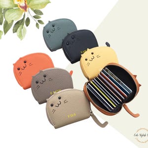 Kartenhalter in Katzenform | Kartenetui aus Leder | Katzen Portemonnaie | Kartenförmiges Portemonnaie | Kätzchen-Geldbörse | Monogramm-Geldbörse | Kitty Kartenetui