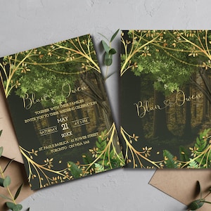 May include: Wedding invitation with a forest background and gold accents. The text reads "Blair Owen" and includes the date, time, and location of the wedding.