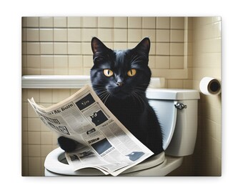 Cat Print Black Cat Reading the Newspaper Painting Print Wall Art ...