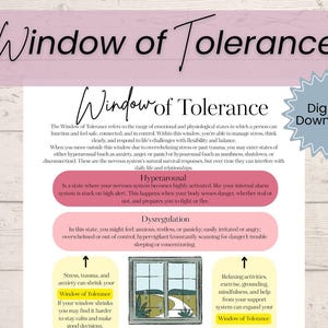 以下が含まれることがあります： Window of Toleranceと題されたデジタルダウンロード用の教育用チャート。白い背景に黒い文字が書かれ、ピンク、薄いピンク、黄色の色分けされたセクションがあり、中央には窓のイラストが描かれています。
