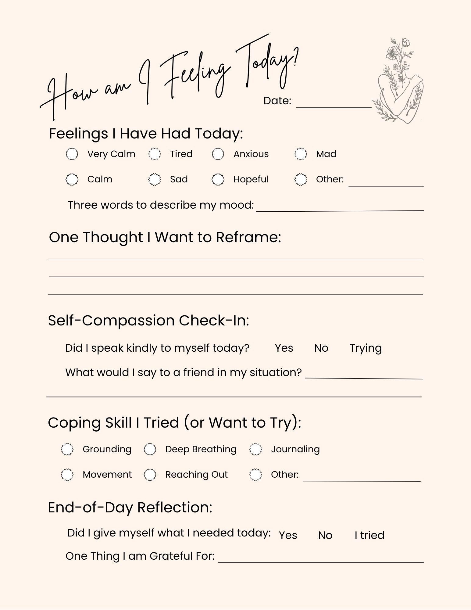 Daily Self-care Mental Health Tracker | Printable Check in (PDF ...
