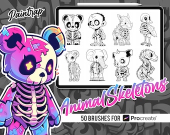 Procreate用動物スケルトンスタンプブラシ - かわいい動物スケルトンスタンプブラシ50種類パック - インスタントデジタルダウンロード