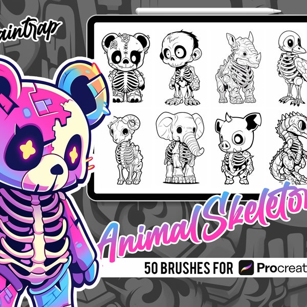 Animal Skeleton Stamp Brushes for Procreate - 50 Cute Animal Skeleton Stamp Brushes Pack - Instant Digital Download