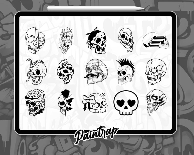 Skull Flash Tattoo Procreate Stamps - 100 Skull Skeleton Bones Horror ...