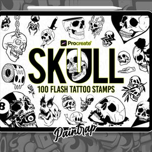 May include: A digital art tablet displays a collection of black and white skull illustrations. The word "SKULL" is prominently featured, along with "100 FLASH TATTOO STAMPS." The tablet also shows the "Procreate" logo and the "Paintrap" signature.