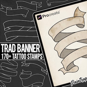 Puede incluir: Ilustración digital de un diseño de banner con estética vintage. La imagen presenta un logotipo de Procreate y el texto "TRAD BANNER 170+ TATTOO STAMPS". La pancarta es de color beige claro con sombras oscuras.