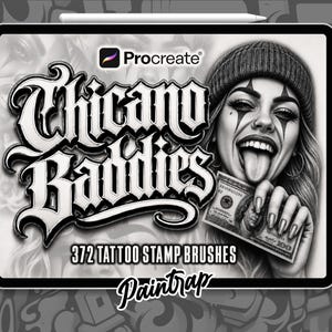 Könnte beinhalten: Ein digitales Tablet-Display mit dem Text Chicano Baddies und 372 Tattoo Stamp Brushes. Die Grafik enthält eine schwarz-weiße Illustration einer Person mit Mütze und Clown-Make-up, die einen Hundert-Dollar-Schein in der Hand hält.