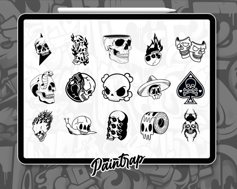 Skull Flash Tattoo Procreate Stamps - 100 Skull Skeleton Bones Horror ...