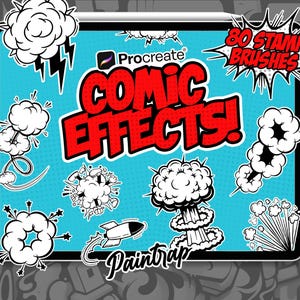 Pinceles de sellos con efectos de cómic para Procreate: paquete de 80 pinceles con plantillas de nubes de acción y movimiento de cómic - Descarga digital instantánea
