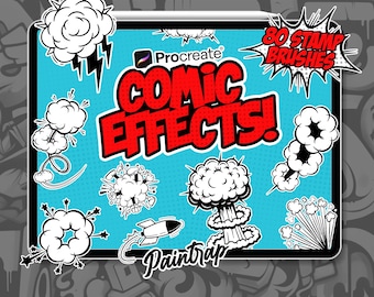 Pinceles de sellos con efectos de cómic para Procreate: paquete de 80 pinceles con plantillas de nubes de acción y movimiento de cómic - Descarga digital instantánea