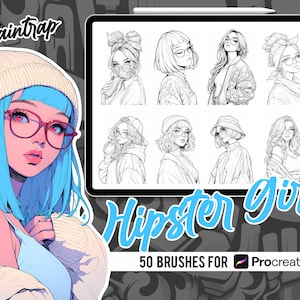 Anime Hipster Girls Stamp Brushes for Procreate - 50 Anime Manga Hipster Girls Portrait Guide Stamp Brushes Pack - Instant Digital Download