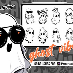 May include: A set of 69 digital ghost brushes for Procreate, featuring various ghost designs with different expressions and accessories. The brushes are ideal for creating spooky and fun Halloween designs.