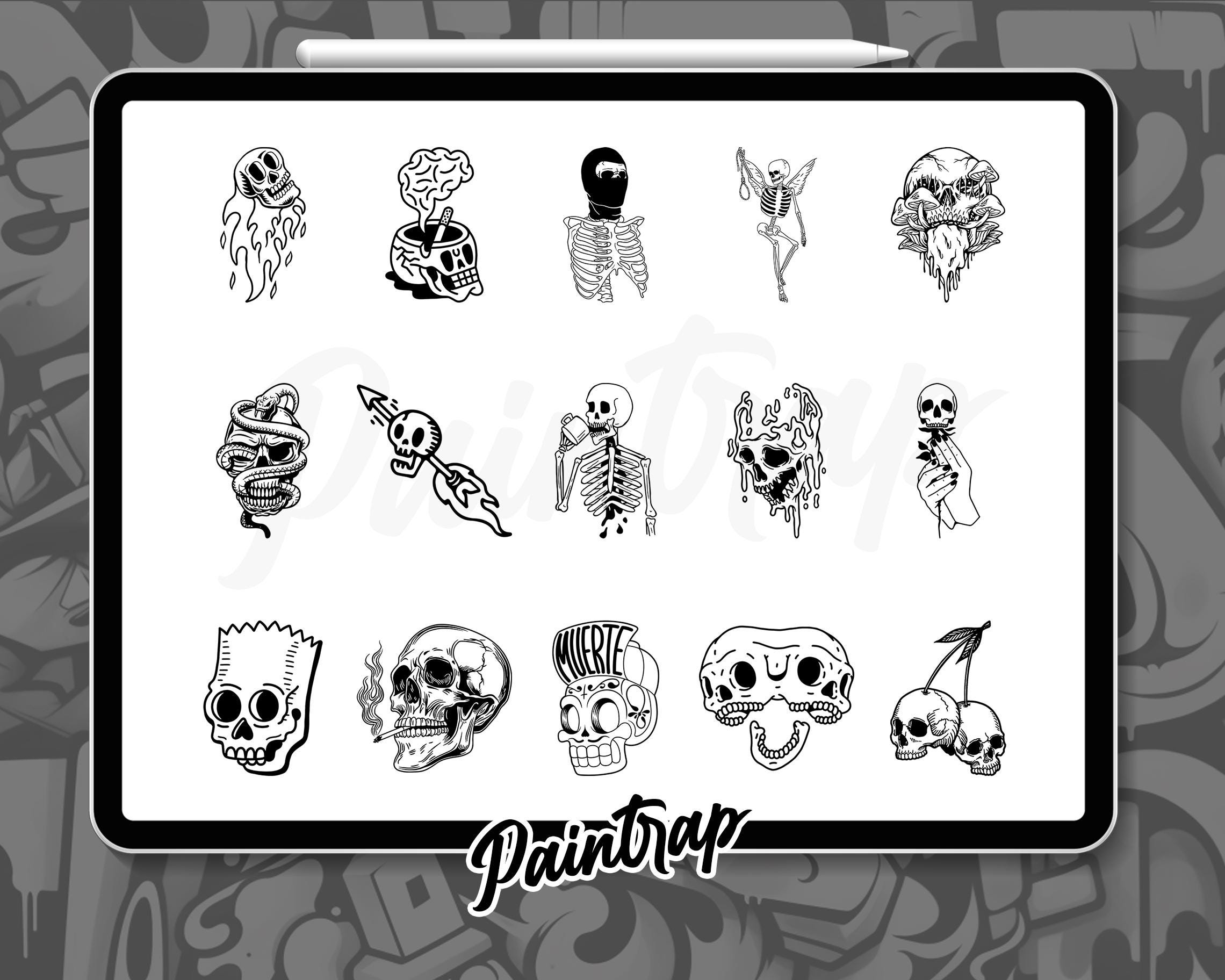 Bones Skull Skeleton Flash Tattoo Stamps for Procreate - 100 Bone Skull ...