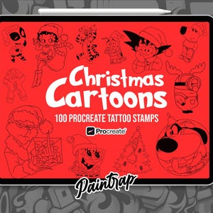 May include: A digital tablet displays a red screen with black and white cartoon illustrations of Christmas characters. The text "Christmas Cartoons" and "100 Procreate Tattoo Stamps" are also visible. The Paintrap logo is at the bottom.