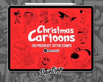クリスマス漫画のクラシックキャラクター Procreate スタンプ - クリスマス漫画タトゥーステンシルブラシ 100 個パック - インスタントデジタルダウンロード