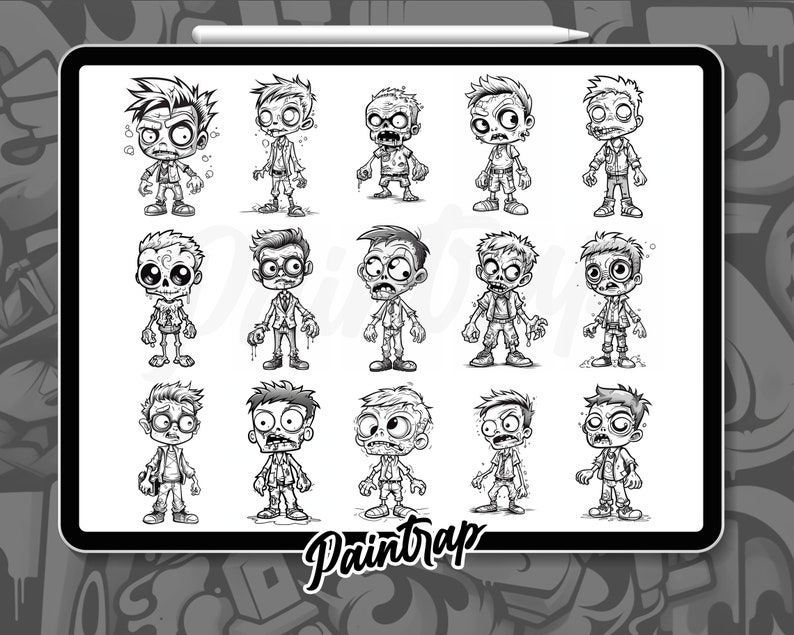 Puede incluir: Un conjunto de 16 ilustraciones en blanco y negro de zombies de dibujos animados en varias poses. Los zombies est&aacute;n todos en un estilo infantil y tienen rasgos exagerados, como ojos y bocas grandes. Las ilustraciones son perfectas para usar en una variedad de proyectos, como tarjetas de felicitaci&oacute;n, camisetas y sitios web.