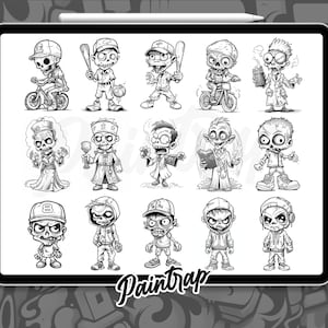 Puede incluir: Una hoja de ilustraci&oacute;n digital con 15 personajes de zombis de dibujos animados en blanco y negro en varias poses. Los personajes llevan diferentes atuendos y accesorios, incluidos sombreros, gafas y una t&uacute;nica de sacerdote. La hoja se titula "Paintrap".