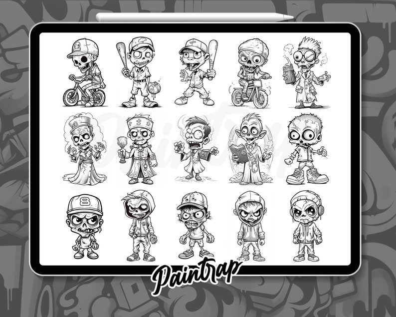 Puede incluir: Una hoja de ilustraci&oacute;n digital con 15 personajes de zombis de dibujos animados en blanco y negro en varias poses. Los personajes llevan diferentes atuendos y accesorios, incluidos sombreros, gafas y una t&uacute;nica de sacerdote. La hoja se titula "Paintrap".