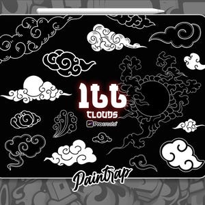 May include: A black digital art tablet displays white cloud illustrations and the text "1tt Clouds Procreate". The clouds vary in shape and size, with a sun-like design in the center. The word "Paintrap" is at the bottom.