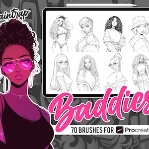 May include: A digital illustration of a set of 70 Procreate brushes for drawing stylized female figures. The image features a collection of line art drawings of women with different hairstyles, clothing, and poses. The text "Baddies" is written in a bold, pink font.