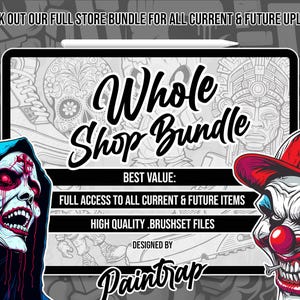 Puede incluir: Una ilustraci&oacute;n digital de una calavera con sangre roja goteando, una calavera con cara de payaso y una tableta con el texto "Whole Shop Bundle" y "Paintrap". El texto tambi&eacute;n dice "Mejor valor: Acceso completo a todos los art&iacute;culos actuales y futuros. Archivos de pincel de alta calidad."