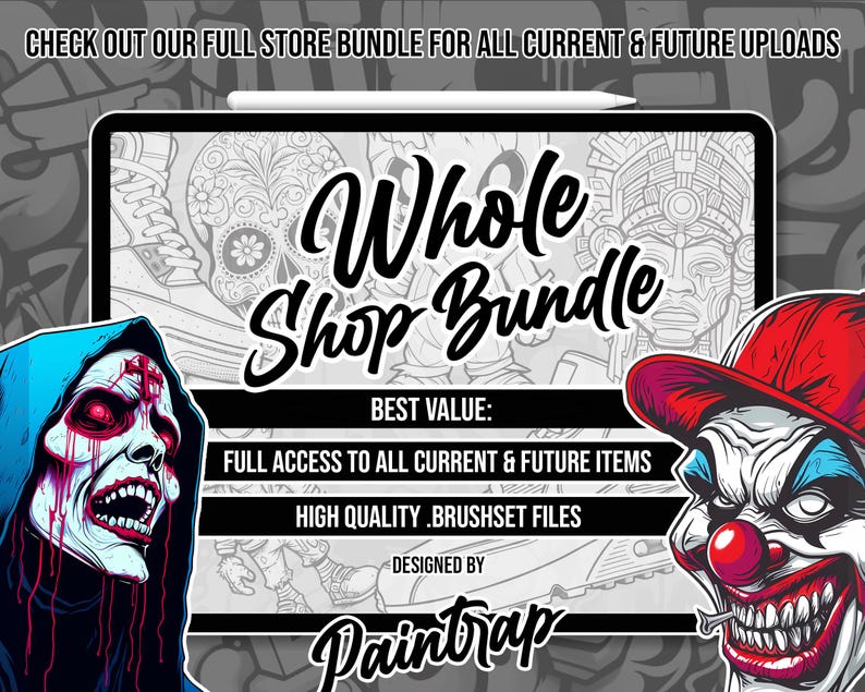 Puede incluir: Una ilustraci&oacute;n digital de una calavera con sangre roja goteando, una calavera con cara de payaso y una tableta con el texto "Whole Shop Bundle" y "Paintrap". El texto tambi&eacute;n dice "Mejor valor: Acceso completo a todos los art&iacute;culos actuales y futuros. Archivos de pincel de alta calidad."