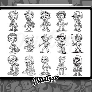 Puede incluir: Una hoja de ilustraci&oacute;n digital con 14 personajes de zombies de dibujos animados en blanco y negro en varias poses. Los personajes llevan todos ropa y accesorios diferentes, incluyendo gorras de b&eacute;isbol, camisas, pantalones y zapatos. Los personajes est&aacute;n todos en un estilo juguet&oacute;n y humor&iacute;stico.