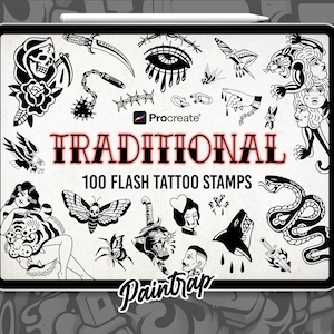 May include: A digital tablet shows 100 traditional flash tattoo stamps. The designs include a grim reaper, roses, daggers, snakes, and other classic tattoo motifs. The word "TRADITIONAL" is displayed in a bold, red font.