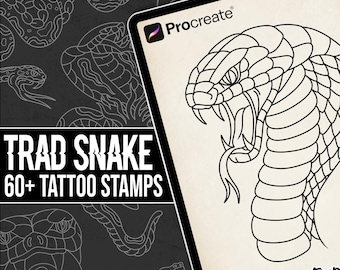 Pinceles tradicionales para tatuajes de serpiente para Procreate: más de 60 diseños de plantillas de contorno de tatuajes de serpiente - Descarga digital instantánea