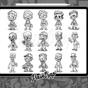 Puede incluir: Un conjunto de 16 ilustraciones en blanco y negro de zombies de dibujos animados en varias poses y atuendos. Las ilustraciones est&aacute;n dibujadas en un estilo simple de dibujos animados y presentan una variedad de expresiones. El texto "Paintrap" est&aacute; en la parte inferior de la imagen.