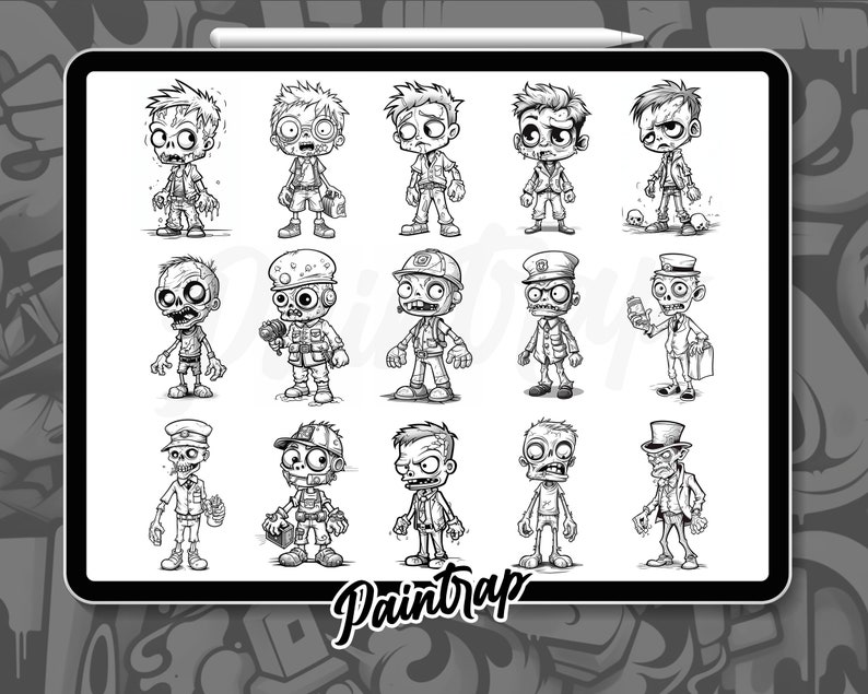 Puede incluir: Un conjunto de 16 ilustraciones en blanco y negro de zombies de dibujos animados en varias poses y atuendos. Las ilustraciones est&aacute;n dibujadas en un estilo simple de dibujos animados y presentan una variedad de expresiones. El texto "Paintrap" est&aacute; en la parte inferior de la imagen.