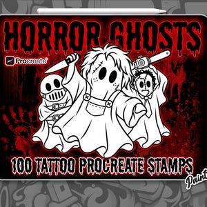 May include: A digital graphic featuring three white ghost characters in black outlines against a red and black background. The text reads HORROR GHOSTS, Procreate, and 100 TATTOO PROCREATE STAMPS. The ghosts hold a knife, a chainsaw, and wear a mask.