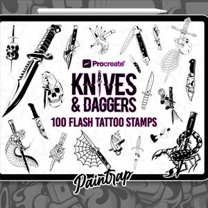 May include: A digital art display featuring a collection of black and white knife and dagger illustrations. The text reads "Knives & Daggers 100 Flash Tattoo Stamps" with the "Paintrap" logo. The image is displayed on a tablet with a stylus.