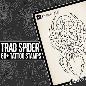 Traditional Spider Tattoo Stamp Brushes for Procreate - 64 Spider Tattoo Outline Stencil Designs Stamp Pack - Instant Digital Download