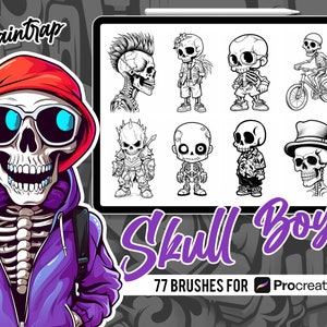 Skull Boys Stamp Brushes for Procreate - 77 Skull Skeleton Stamp Brushes Pack - Instant Digital Download