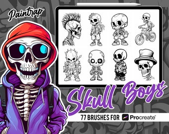 Skull Boys Stempel Bürsten für Procreate - 77 Schädel Skelett Stempel Bürsten Pack - Sofortiger digitaler Download