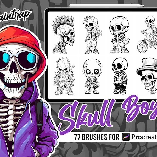 Skull Boys Stamp Brushes for Procreate - 77 Skull Skeleton Stamp Brushes Pack - Instant Digital Download