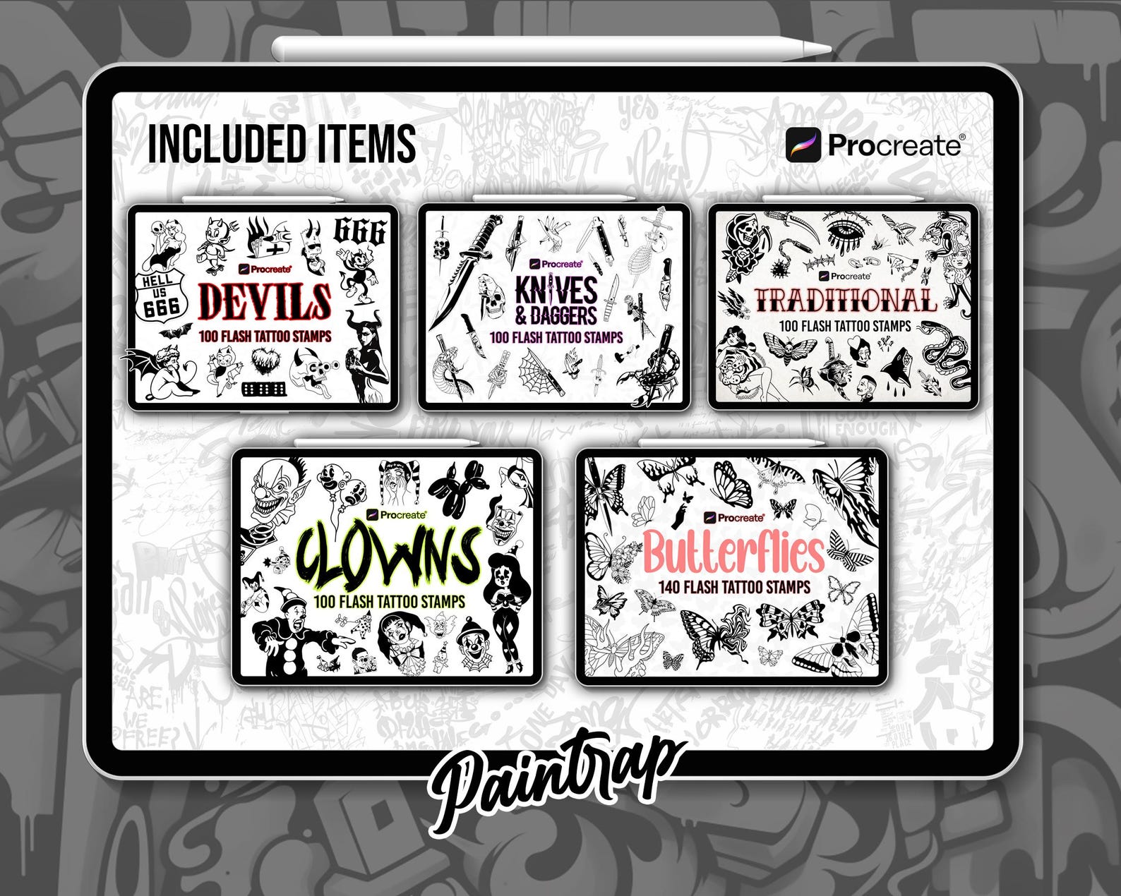 Procreate Flash Tattoo Stamps Bundle Vol 2 - 1000+ Flash Tattoo Style ...