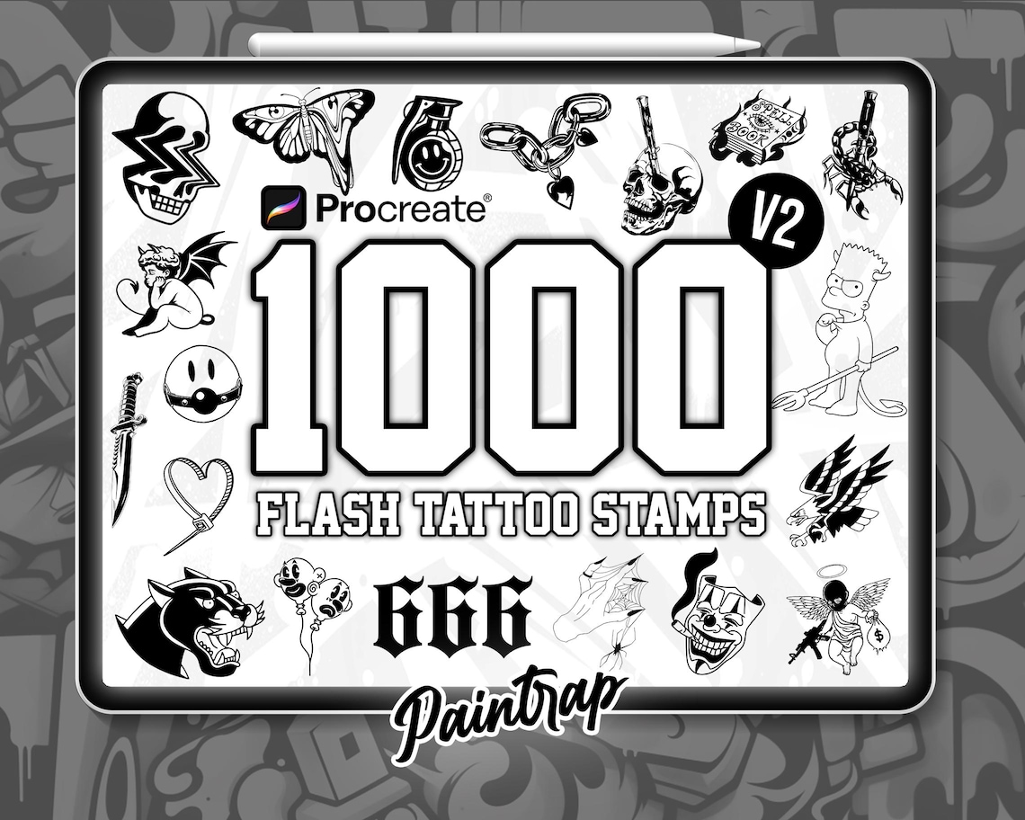 Procreate Flash Tattoo Stamps Bundle Vol 2 - 1000+ Flash Tattoo Style ...