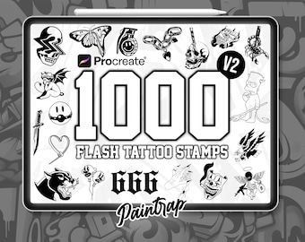 Procreate Flash タトゥースタンプバンドル Vol.2 - 1000種類以上のFlashタトゥースタイルのProcreateリファレンスステンシルスタンプブラシセット - インスタントデジタルダウンロード