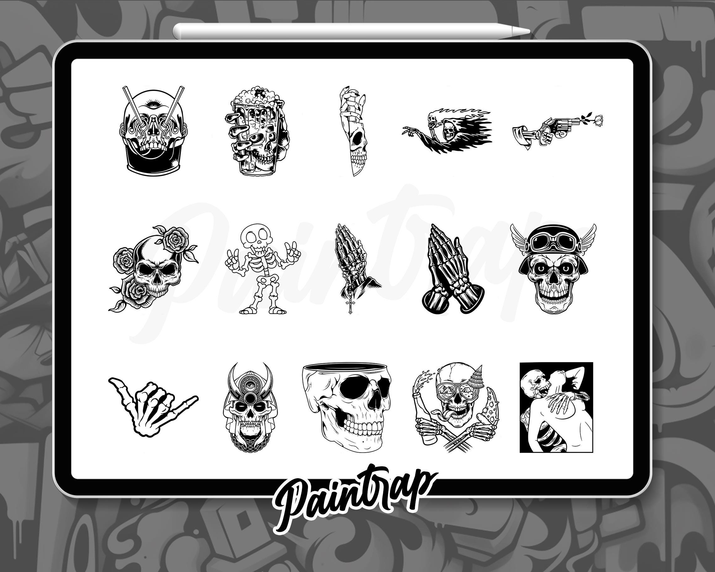 Bones Skull Skeleton Flash Tattoo Stamps for Procreate - 100 Bone Skull ...
