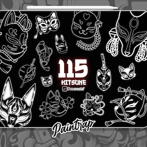 Könnte beinhalten: Ein schwarzes digitales Kunstwerk mit 115 Kitsune-Masken in weißer Linienkunst. Das Wort "Kitsune" ist rot, mit "Paintrap" in weißer Schrift unten. Ein weißer Stift liegt oben.