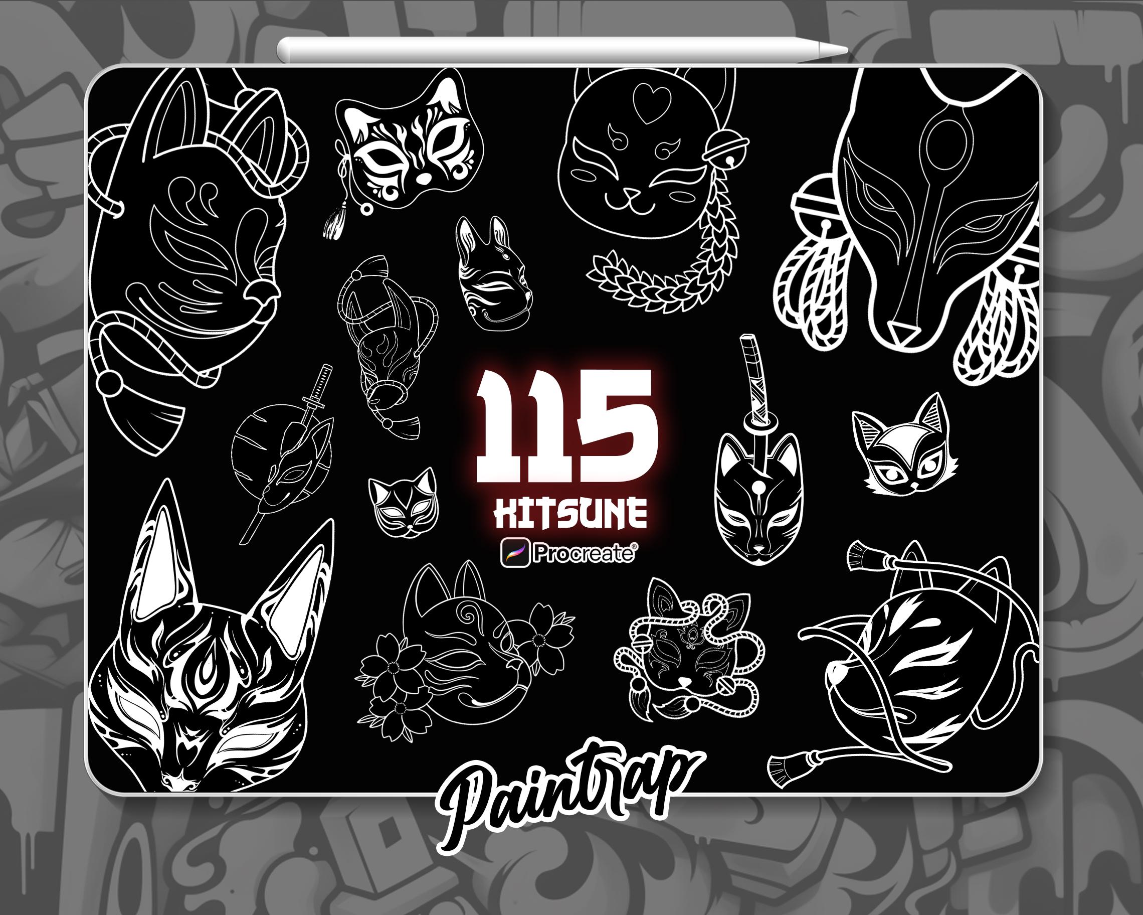 Japanese Kitsune Tattoo Stamps for Procreate - 115 Japanese Kitsune Fox Tattoo Reference Stencil Stamp Pack - Instant Digital Download