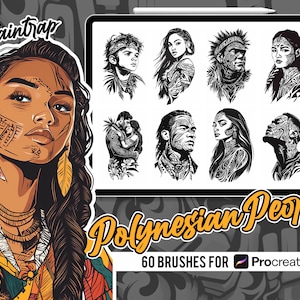 May include: A set of 60 Procreate brushes featuring Polynesian people with intricate designs. The brushes are perfect for creating digital art and illustrations.