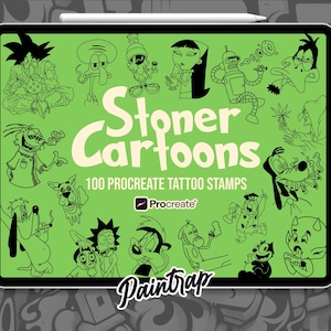 May include: A digital tablet displays a collection of cartoon character illustrations in black on a green background. The text "Stoner Cartoons" is prominently featured, along with "100 Procreate Tattoo Stamps" and the Paintrap logo. A stylus rests at the top.