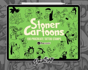 クラシックカートゥーン ストーナーキャラクター Procreate スタンプ - 100 ストーナー 420 クラシックカートゥーン タトゥー ステンシル ブラシ パック - インスタントデジタルダウンロード