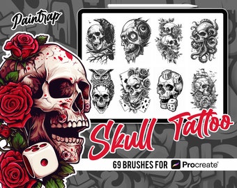 Skull Tattoo Style Designs Stamp Brushes for Procreate - 69 Skull Tattoo Stamp Brushes Pack - Instant Digital Download