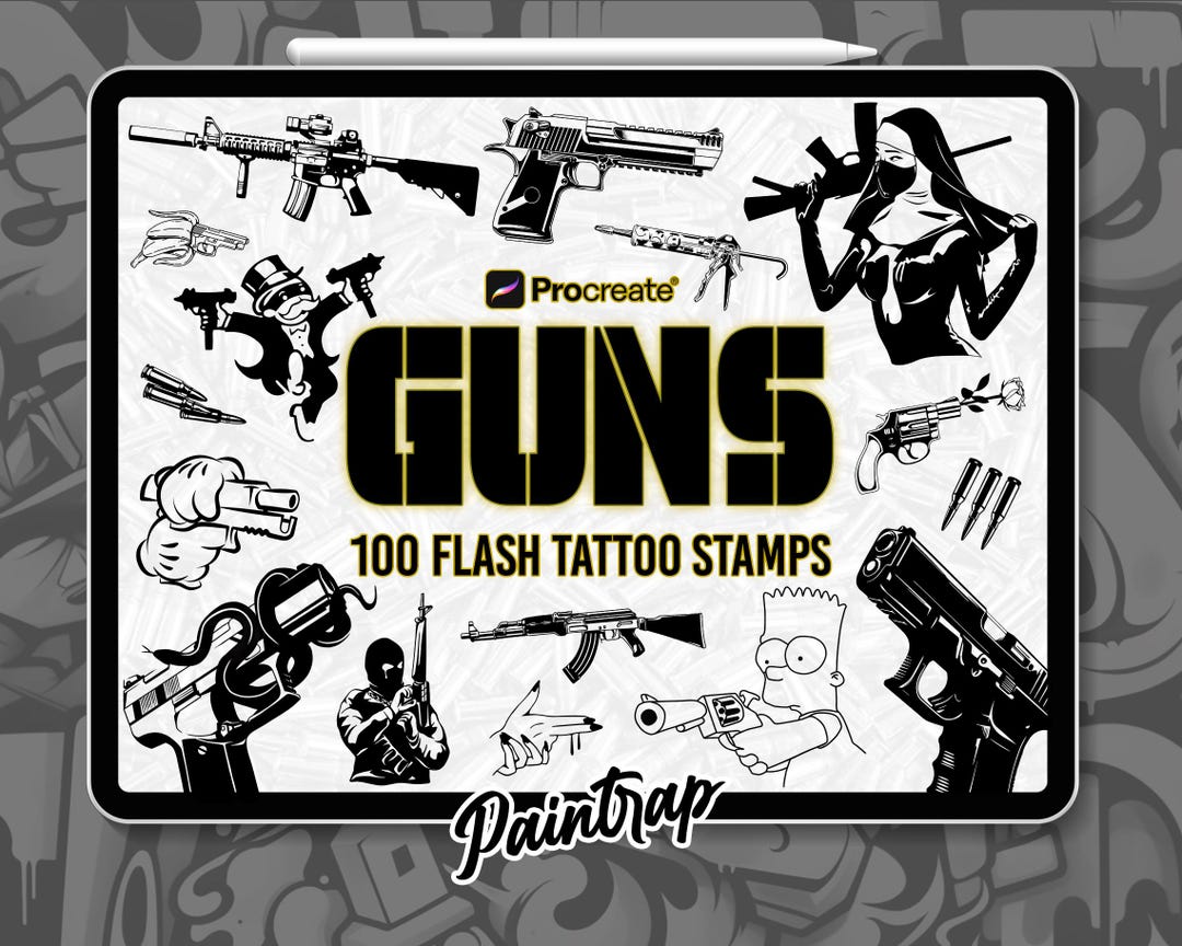 Gun Flash Tattoo Procreate Blackwork Stamps - 100 Guns Weapons Ammo ...
