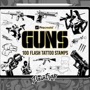 Op de afbeelding: Digitale illustratie op een tablet met verschillende wapenontwerpen, waaronder pistolen en geweren, met het woord "GUNS" in vette letters. De tekst "100 FLASH TATTOO STAMPS" is ook aanwezig, samen met het "Paintrap"-logo.